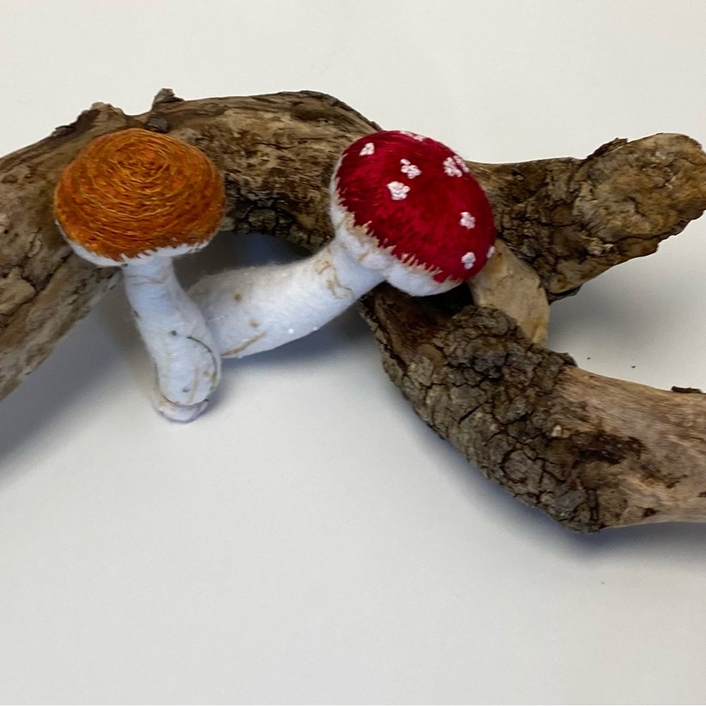 Hand Sewn Felt Mushroom Set of 2 Bowl Fillers Hand Embroidered Details - Picture 2 of 5